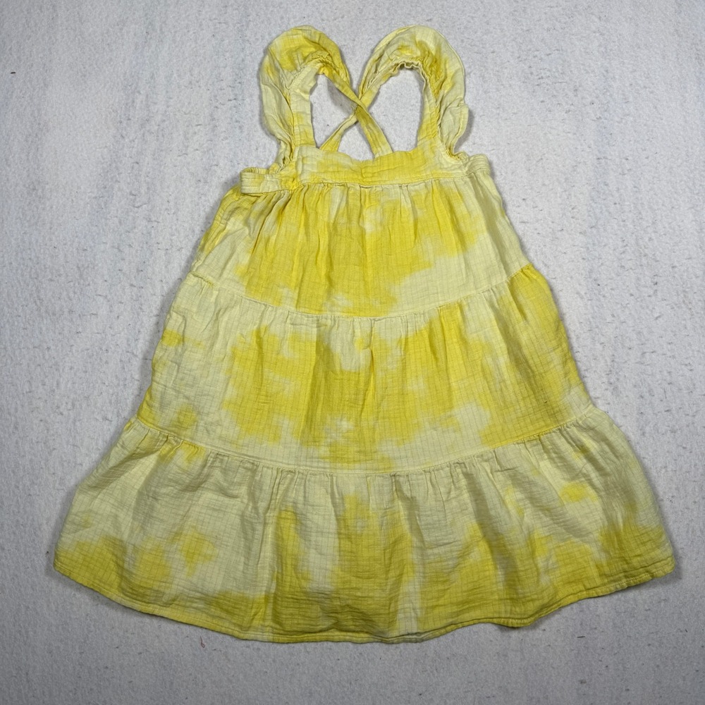 Cat & Jack Girls Yellow Tie Dye Tiered Sun Dress Ruffle Cross Back Size S 6/7